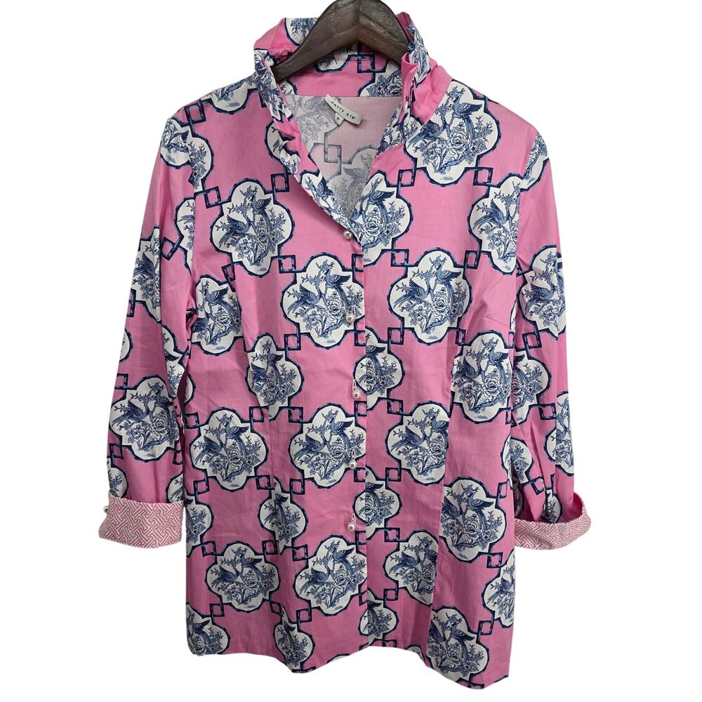 Patty Kim Elizabeth Button Down Blouse Pink Blue White Size Medium